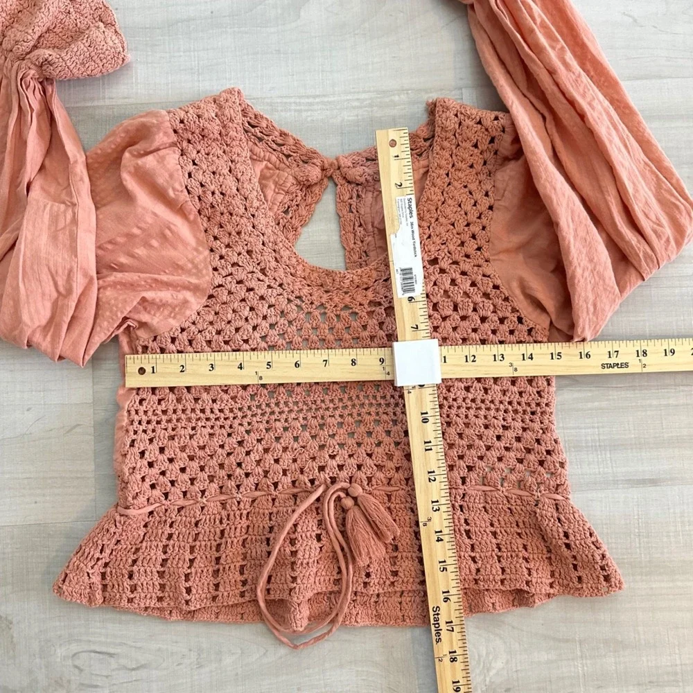 Free People Crochet Open Back Peplum Blouse Terracotta Peach Long Sleeve Top